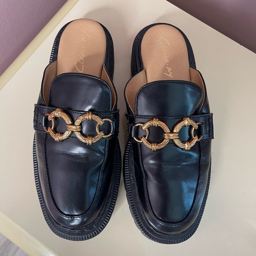 Circus NY Black Leather Loafers with Gold Chain Detail